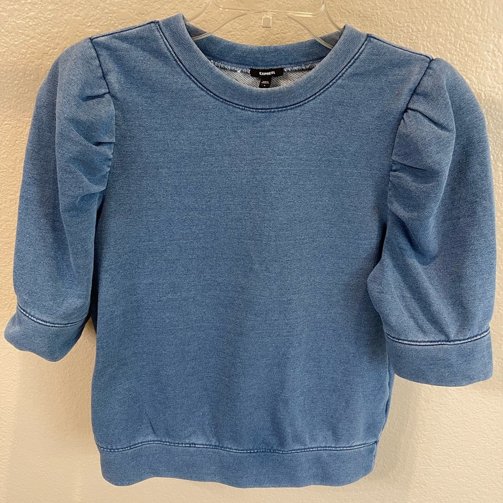 Washed Crew Neck Short Puff Sleeve Fleece Sweatshirt